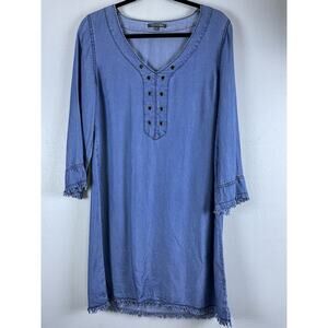 Michael Stars Sz M Blue Chambray Tunic Dress Raw Edge 3/4 Slv Metal Grommet Neck